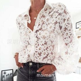 Spring Lapel Sweater Floral Print Sexy Perspective Long Sleeve (size: XXL)