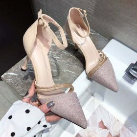 Mary Jane Shoes Glitter Heels Evening Shoes Stiletto Extreme High (Color: Beige)