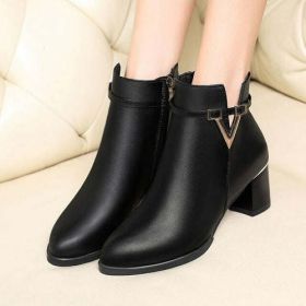 2021 Winter Women's Ankle Boots Black Plus Cotton Warm PU Leather (Color: Beige)