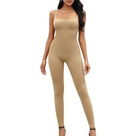 Women Yoga Romper Workout Ribbed Sleeveless Sport Stretch Jumpsuit Playsuit (size: L)