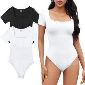 2 Piece Short Sleeve Bodysuits for Women Sexy Ribbed Square Neck Top (size: L)