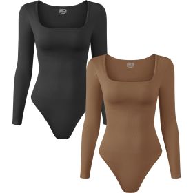 2 Pcs Long Sleeve Bodysuit Jumpsuit for Women, Seamless Ribbed Square Neck Shapewear for Women (size: S)